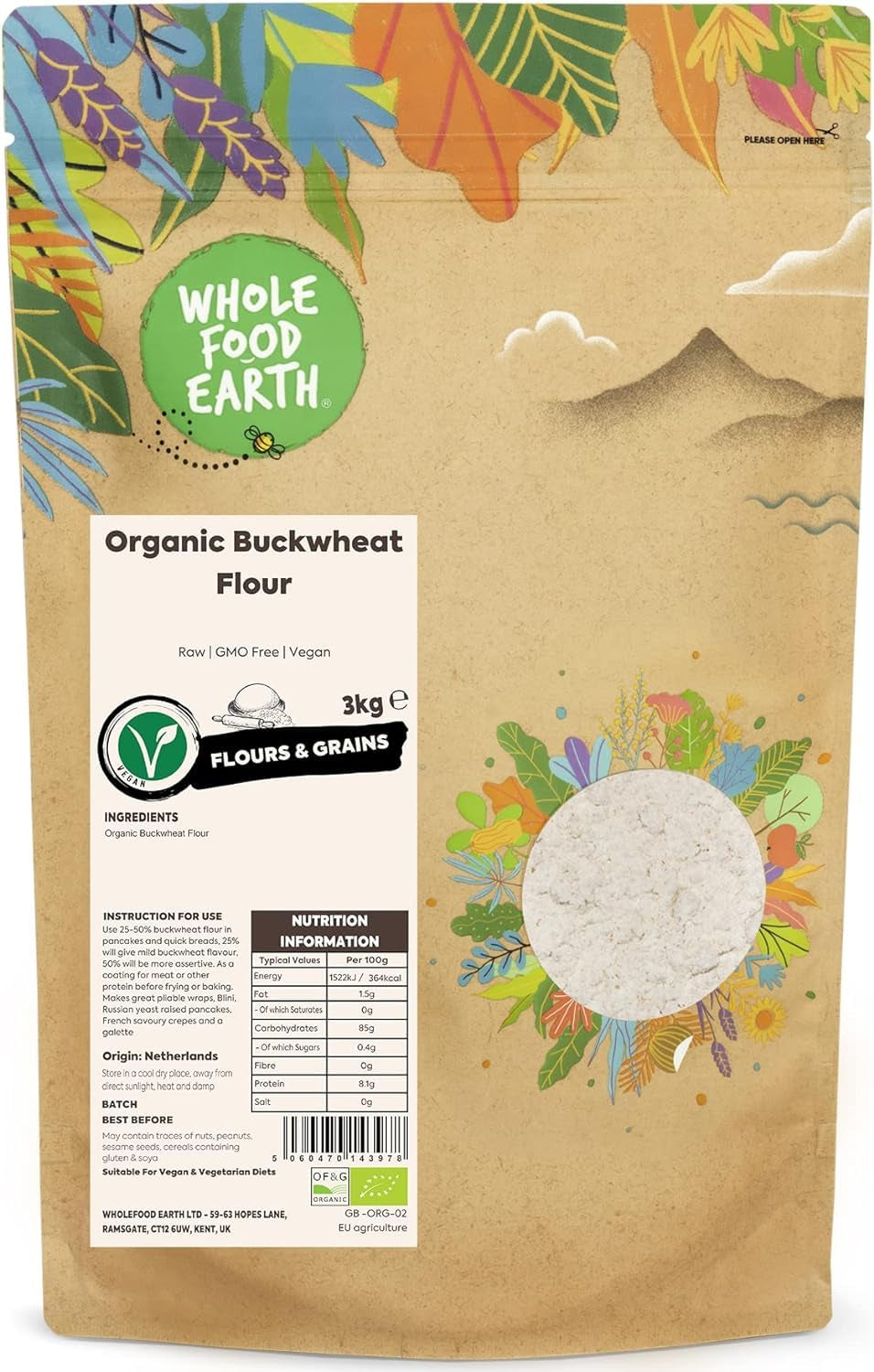 Făină de hrișcă organică Wholefood Earth 1kg | Crudă | Fără OMG | Vegană | Certificată organic