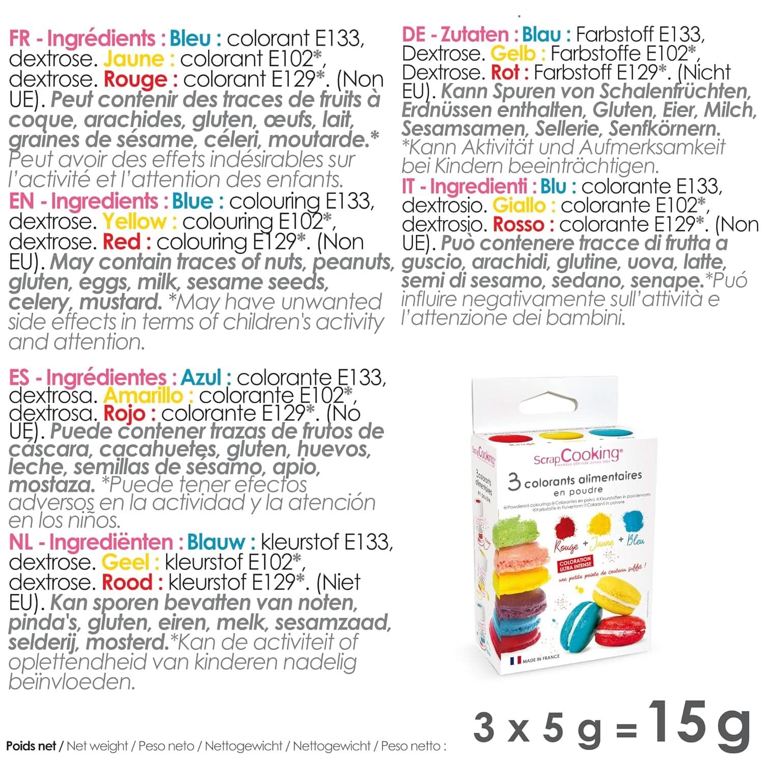 ScrapCooking, Set 3 coloranti alimentari pudra - rosu, galben, albastru, 3 x 5 grame Naty Shop