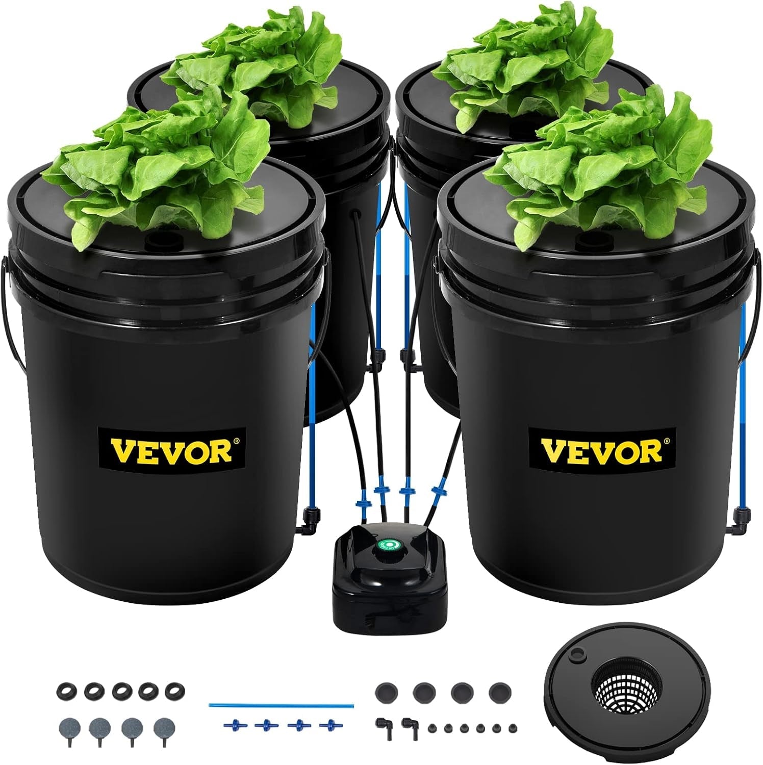 Sistem de creștere hidroponică VEVOR DWC, sisteme de creștere hidroponică cu kit de picurare în ghiveci, cultură în apă adâncă, 4 găleți de 20 l, cu pompă de aer, pietre de aer și indicator al nivelului apei pentru legume cu frunze verzi