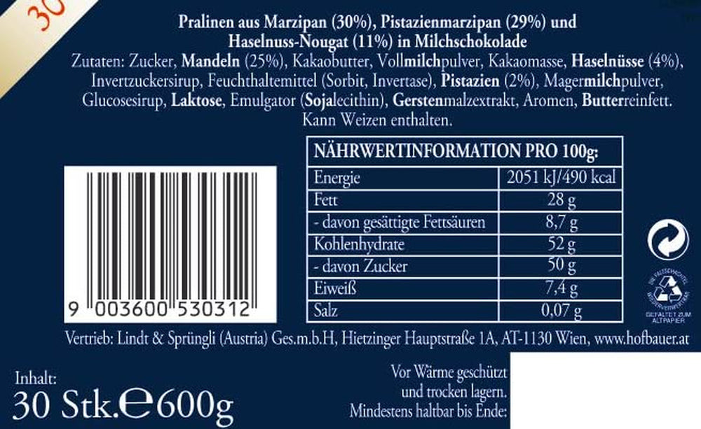 Hofbauer Vienna Mozart Balls, Cutie de ciocolata cu lapte 600 grame (30 buc.) Naty Shop