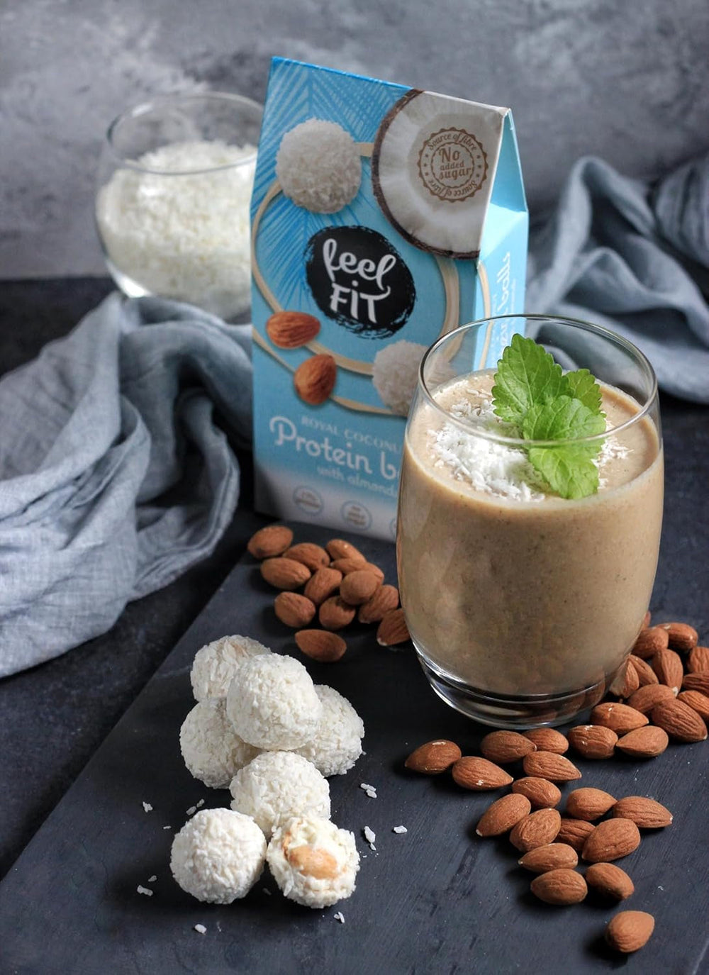 Praline de cocos fără zahăr cu migdale, feel FIT, fără zahăr adăugat, 17% proteine, 63 g