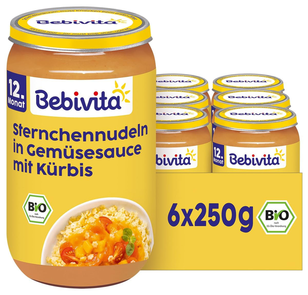 Mese de la 12 luni: Paste în formă de stea în sos de dovleac și legume, 250 g, pachet de 6 (6 x 250 g)