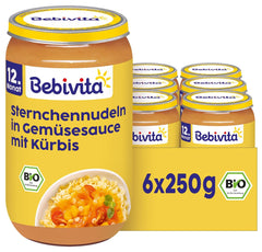 Mese de la 12 luni: Paste în formă de stea în sos de dovleac și legume, 250 g, pachet de 6 (6 x 250 g)