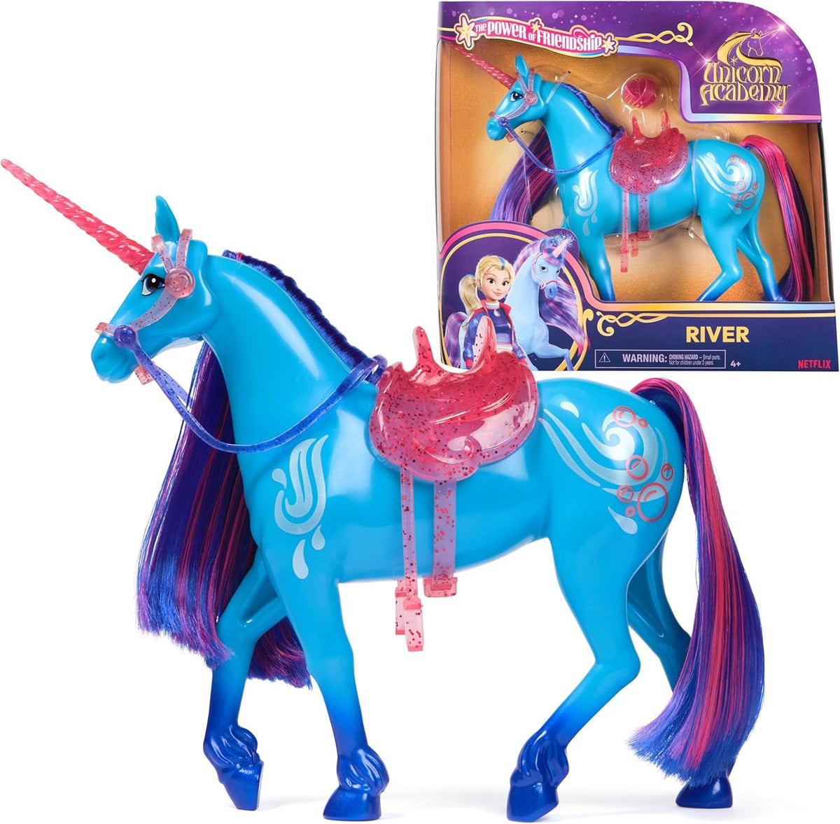 Academia Unicornilor Unicorn River - 28 cm înălțime, unicorn original de Isabel din serialul Netflix, cu coamă și coadă reale, frâu și șa detașabile și perie, pentru copii cu vârsta de 4 ani și peste