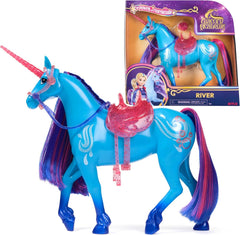 Academia Unicornilor Unicorn River - 28 cm înălțime, unicorn original de Isabel din serialul Netflix, cu coamă și coadă reale, frâu și șa detașabile și perie, pentru copii cu vârsta de 4 ani și peste