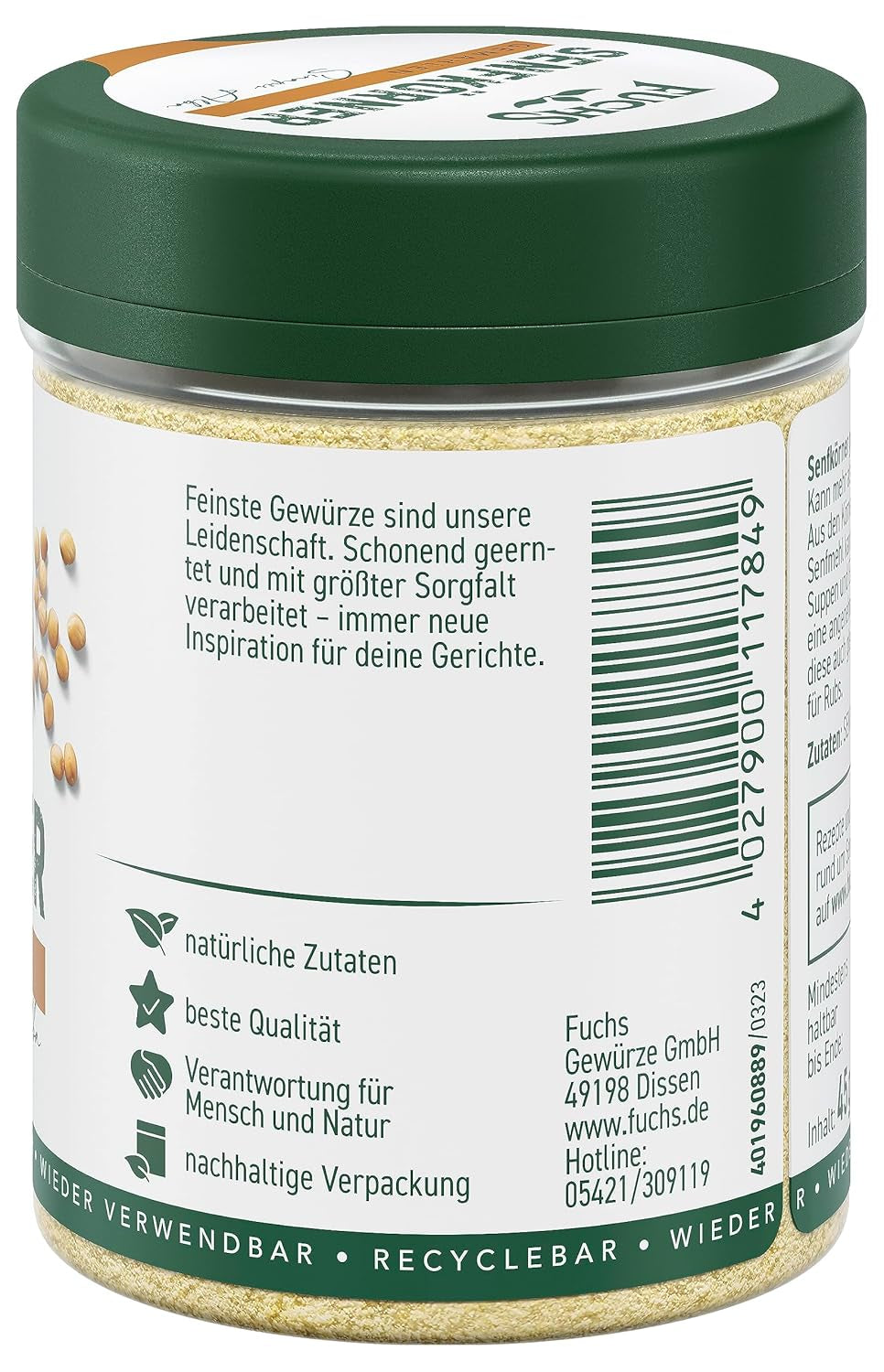 Fuchs Gewürze - Senfkörner gemahlen - für die Zubereitung von Rubs, zum Verfeinern von Suppen und Saucen - natürliche Zutaten - 45 g in wiederverwendbarer, recyclebarer Dose