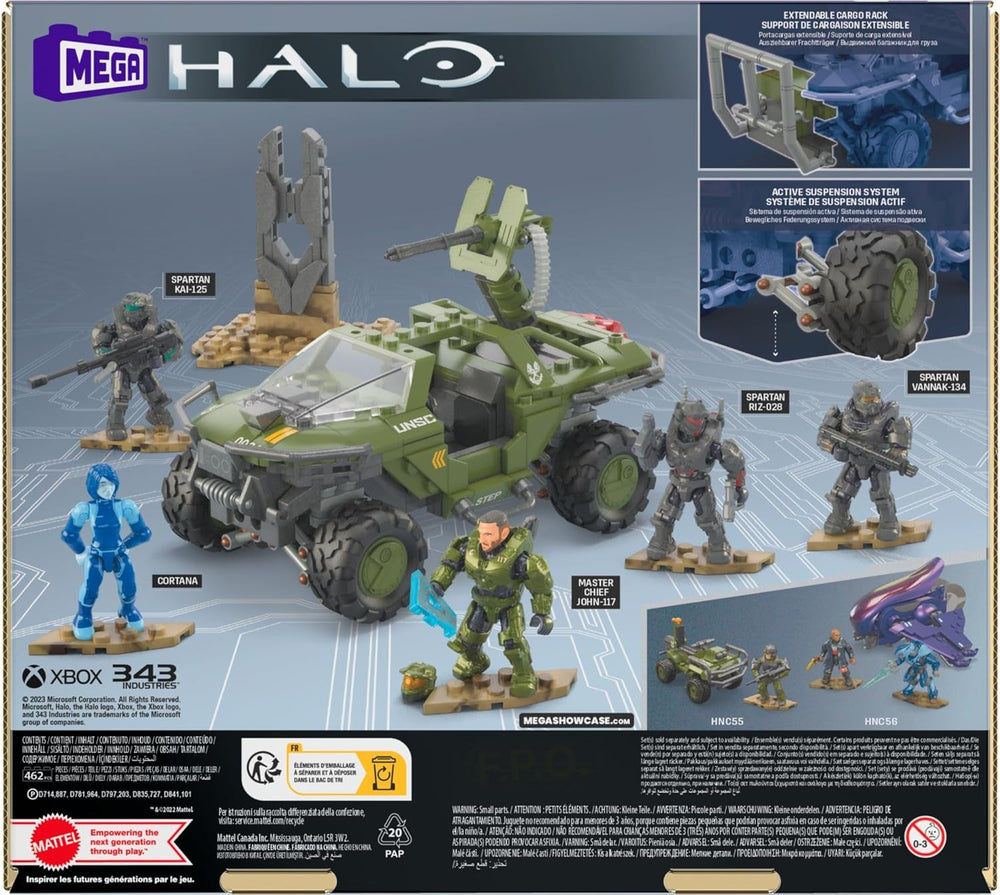 MEGA Halo Flotteneinsatzkommando Warthog - mit authentischen Details und aktivem Federungssystem, inklusive 5 beweglicher Sammelfiguren, 469 Bausteine und Teile, ab 13 Jahren, HNC57
