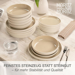 Set de veselă din gresie Moritz & Moritz CAVO pentru 12 persoane, 36 de piese - Serviciu de masă modern în culoarea nisipului - Set combinat ușor de întreținut cu farfurii și boluri - Serviciu de cafea
