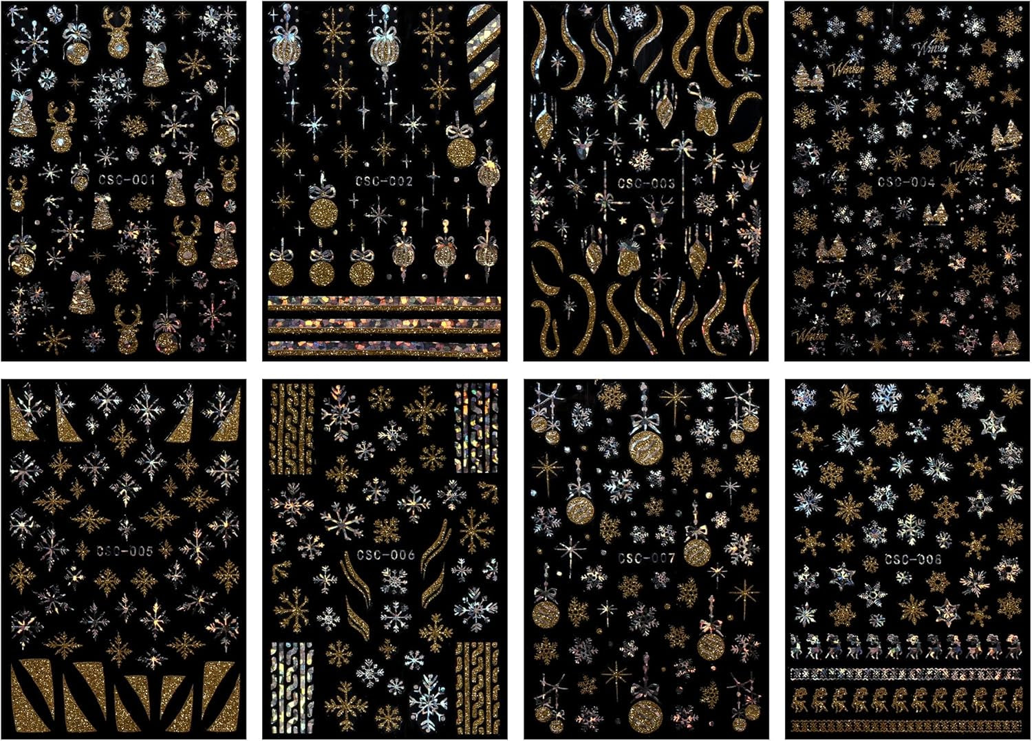 JMEOWIO Nagelsticker Weihnachten Gold Glitter Silber 8 Blatt Nail Art Sticker Selbstklebend Nagelaufkleber Schneeflocke Winterurlaub Dekoration Nageldesign Zubehör