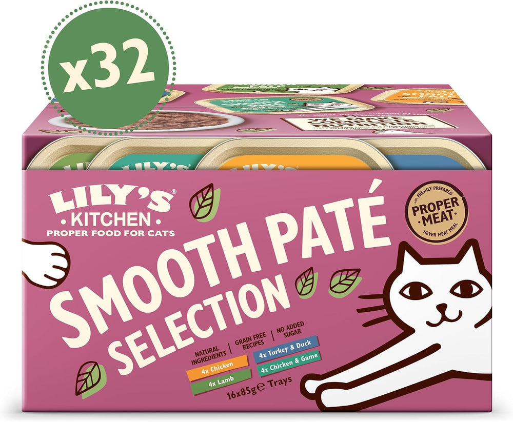 Hrană umedă naturală, fragedă, din pate, pentru pisici adulte, Lily's Kitchen, tăvițe, rețete fără cereale, diverse sortimente (32 tăvițe x 85 g)