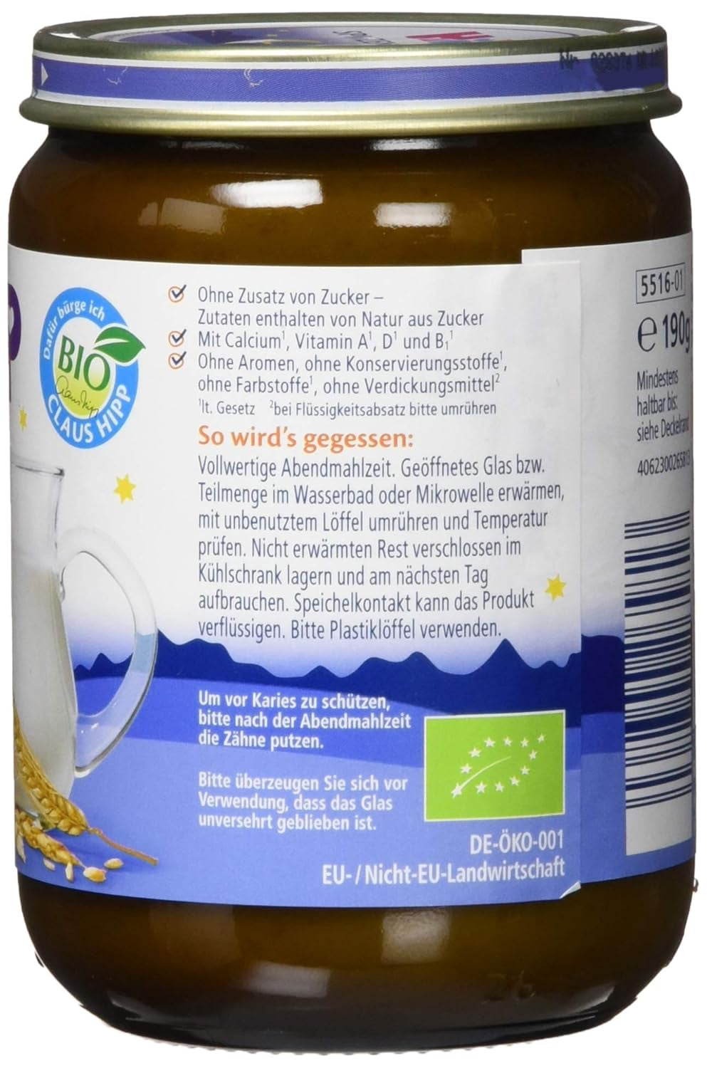 HiPP Organic Good Night cu 7 cereale (6 x 190g), hrană pentru bebeluși de la 6 luni, fără zahăr adăugat, foarte sățioasă, de cea mai bună calitate organică
