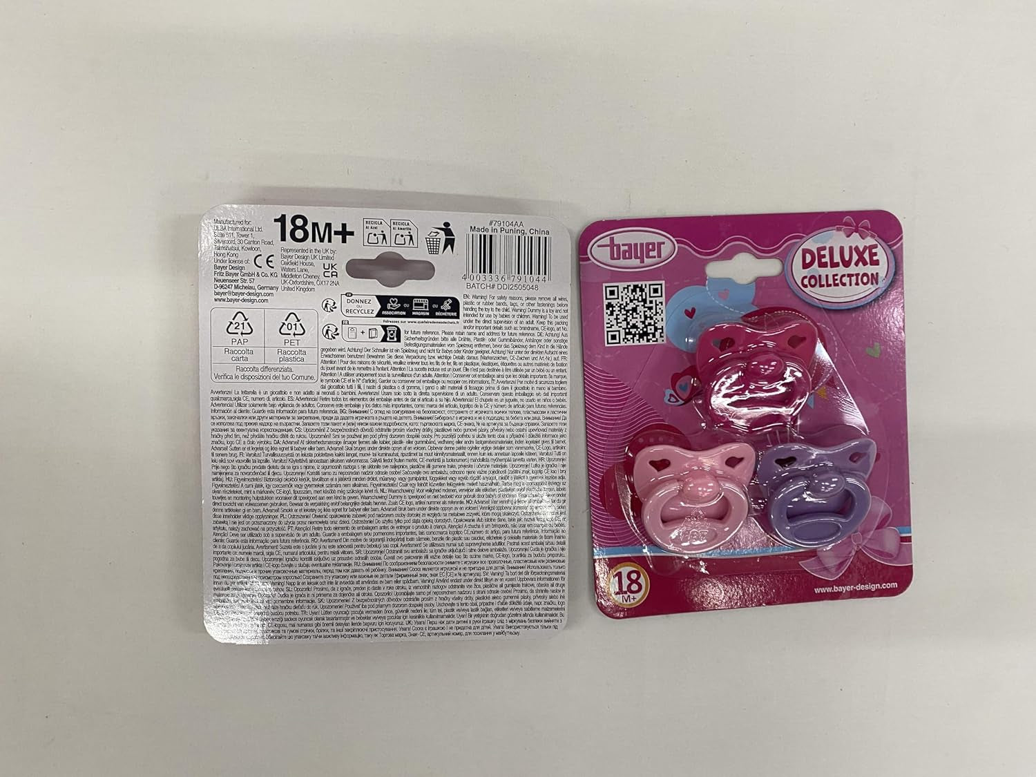 Bayer Design 79104AA Schnuller-Set für Puppen, Schnuller für Puppen, Puppenschnuller, Puppenzubehör, Rosa, Lila, Pink