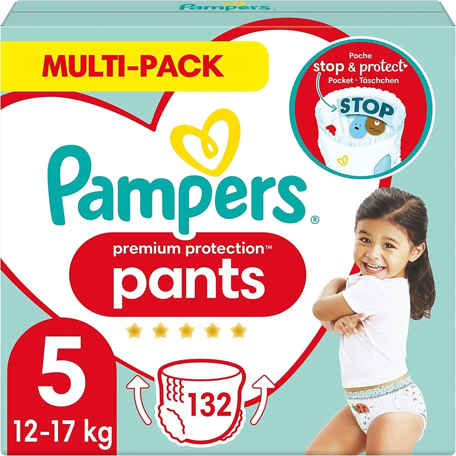 Scutece Pampers Premium Protection Pants mărimea 7, 123 scutece, 15 kg+, cu ajustare la 360° și manșete moi anti-scurgere pentru confort și protecție optime