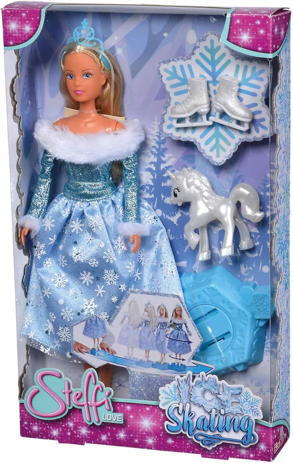 Simba 105733631 - Steffi Love Ice Skating, Spielpuppe als Winterprinzessin mit magischer Schlittschuh-Plattform und kleinen Einhorn, 29cm, ab 3 Jahren