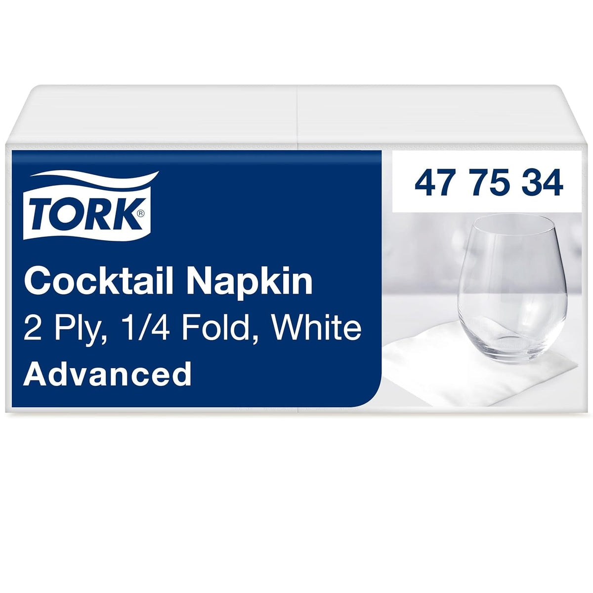 Șervețele Tork Cocktail White, 1/4-fold, 2 straturi, 24 cm × 24 cm, 200 șervețele, 477534