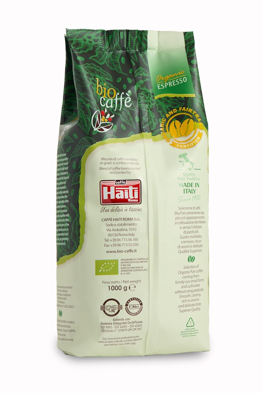 Boabe de cafea Caffè Haiti Roma Biocaffè Gran Miscela 100% organice/Fairtrade, 1 kg, certificate de Institutul Italian de Espresso. Un espresso gourmet produs în Italia. Prăjire artizanală.