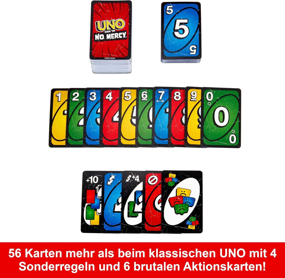 Mattel UNO Show 'em No Mercy - 56 de cărți suplimentare, cărți de acțiune dificile și reguli de joc brutale pentru cea mai nemiloasă versiune, regulă de stivă și schimb de cărți de mână, vârste 7+, HWV18