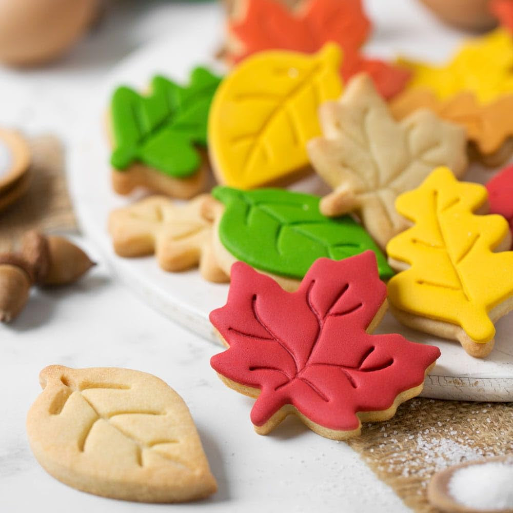 0255165 Forme de biscuiți cu frunze de toamnă, din plastic, setul ideal pentru decorațiuni din pastă de zahăr sau pastă de gumă, fabricate în Italia, design original. Pachet de 3.