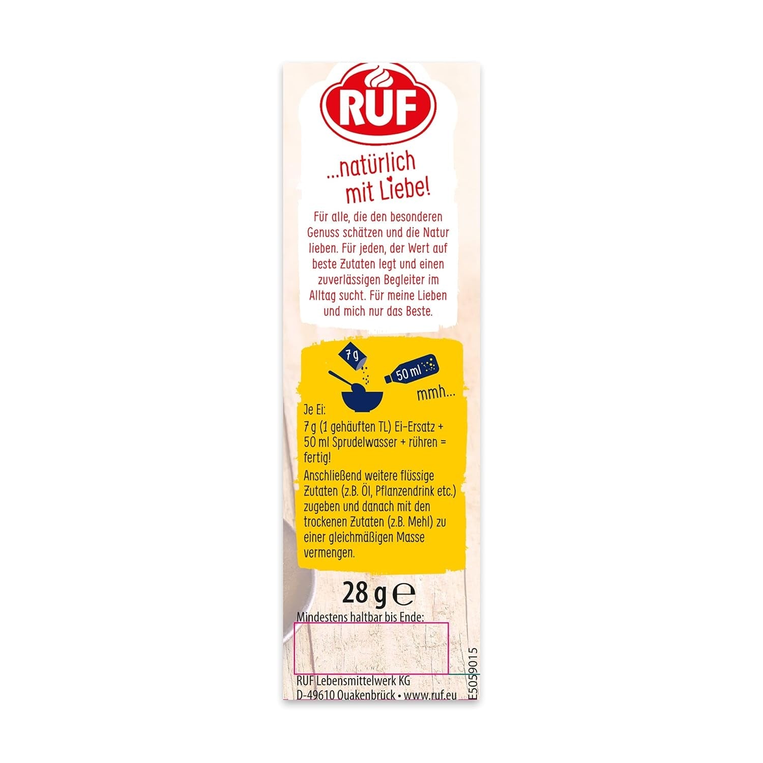 RUF Bio Veganer Ei-Ersatz, 100% pflanzlicher Vollei-Ersatz, Ei-Ersatz-Pulver zum Backen, Kochen, Panieren & für Desserts, entspricht 4 Eiern