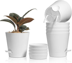 Ghiveci de flori din plastic T4U de 14 cm cu sistem de udare, set de 6 ghivece cu auto-udare și farfurioare, ghivece rotunde pentru plante de grădină de interior și balcon, suculente, cactuși, alb