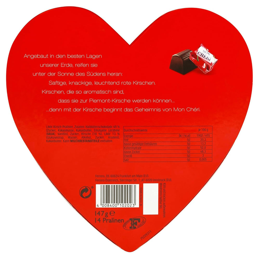 Ferrero Mon Chéri Heart – Cadou de ciocolată de Ziua Îndrăgostiților pentru el și ea – Ciocolată crocantă, lichior fructat și cireșe aromate – Pentru Ziua Îndrăgostiților, Ziua Mamei și Paște – 1 pachet de 147 g