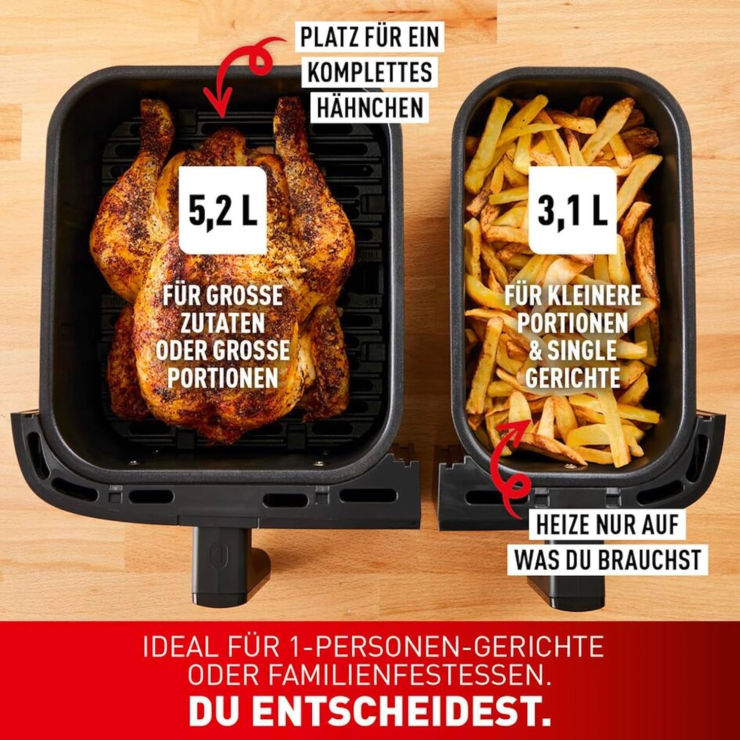 Tefal Dual Easy Fry Hot Air Fryer cu două camere, capacitate de 5,2/3,1 litri, două sertare independente, 7 programe Electrocasnice Naty Shop