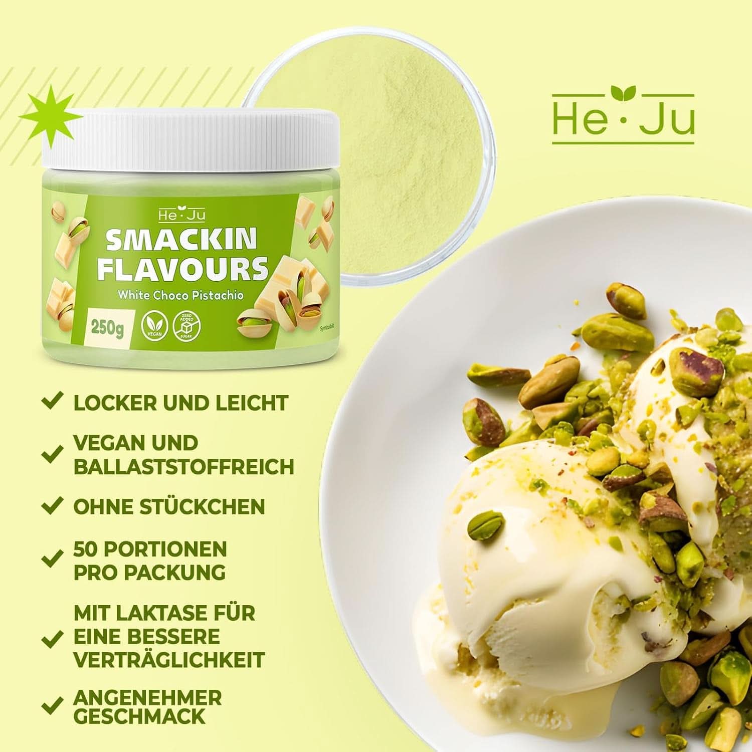 He-Ju, Pudră cu aromă de ciocolată albă și fistic, 250 grame Arome Naty Shop
