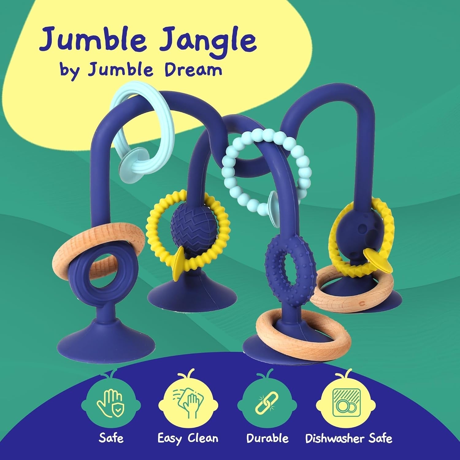 Inel de dentiție pentru bebeluși JUMBLE JANGLE: Jucărie de dentiție pentru bebeluși 3-24 luni | Set de 7 piese de jucării de mestecat fără BPA | Inel de dentiție din silicon răcoritor | Jucărie pentru copii mici cu ventuză pentru scaun înalt, masă și cadă