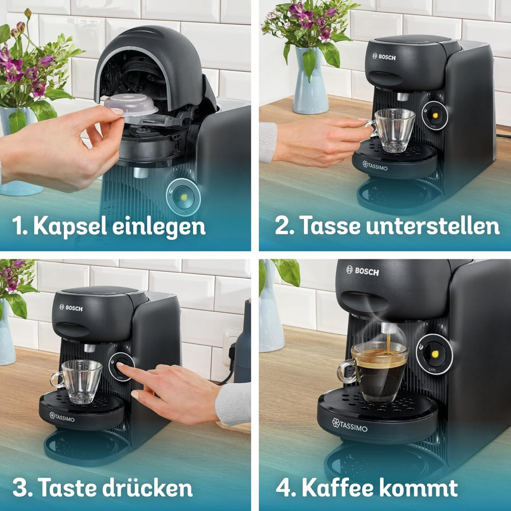Espressor cu capsule Bosch Tassimo finesse TAS162E, 70 de băuturi, cafea mai intensă prin simpla apăsare a unui buton, oprire automată, sustenabil, dozare perfectă, 1400 W, negru/negru