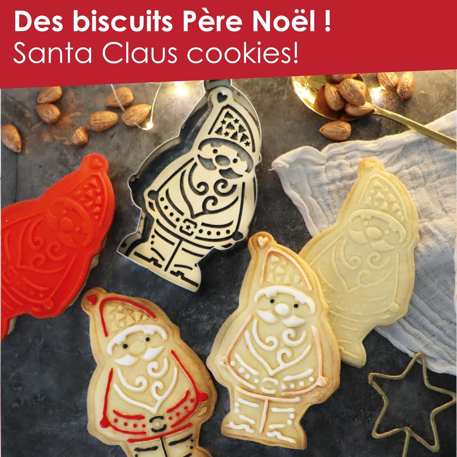 ScrapCooking – Set de tăiat fursecuri din lemn și embossare cu Moș Crăciun – Formă de tăiat fursecuri de Crăciun din oțel inoxidabil pentru fursecuri în relief – Accesorii de copt – Idee de cadou de Crăciun în bucătărie – 2079