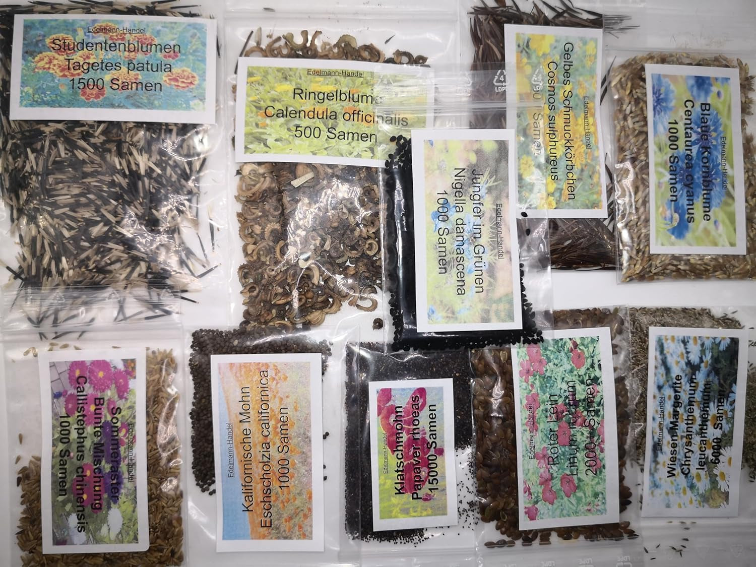 Set de semințe de flori sălbatice, 10 soiuri, 28.000 de semințe, amestec de flori sălbatice de luncă cu maci, albăstrele, gălbenele, margarete și multe altele, toate ambalate individual