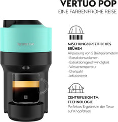 Espressor cu capsule Nespresso Krups Vertuo Pop, capacitate: 560 ml, recunoaștere automată a capsulelor, sistem one-touch, 4 dimensiuni de cești, timp de încălzire scurtat, sustenabil, Aqua Mint, XN9204