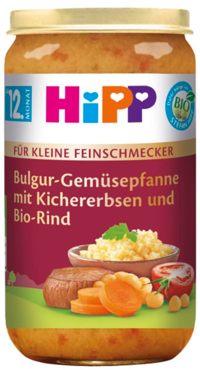 HiPP Pentru Micii Gurmanzi Bulgur cu Legume Stir Fry cu Năut și Carne de Vită Bio (6 x 250g), de la 12 luni, cu Omega-3, de cea mai bună calitate bio