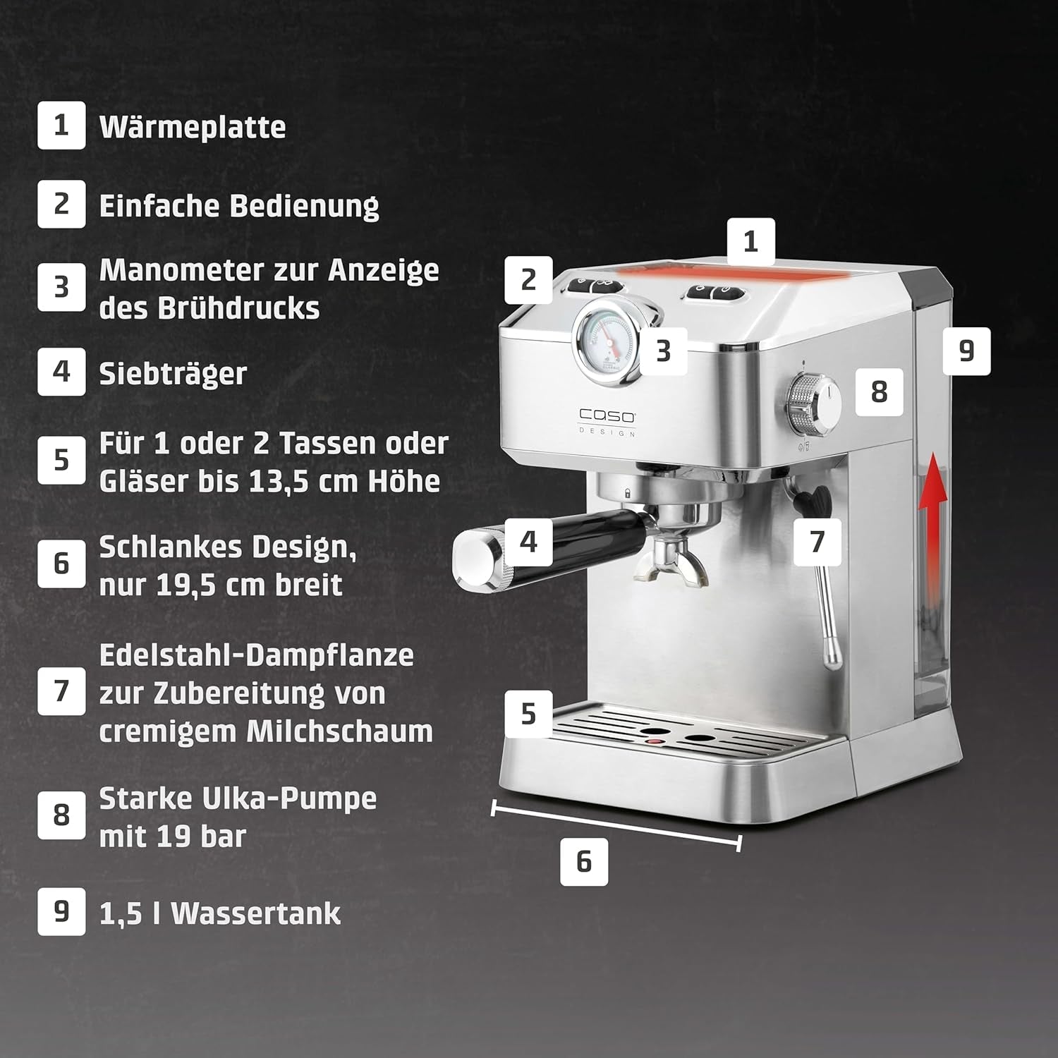 Caso Espresso Gourmet - Espressor portafiltru din oțel inoxidabil, pompă Ulka puternică de 19 bari, cu spumator de lapte, pentru cafea măcinată sau capsule de cafea ESE, pentru 2 cești, cu încălzitor de cești