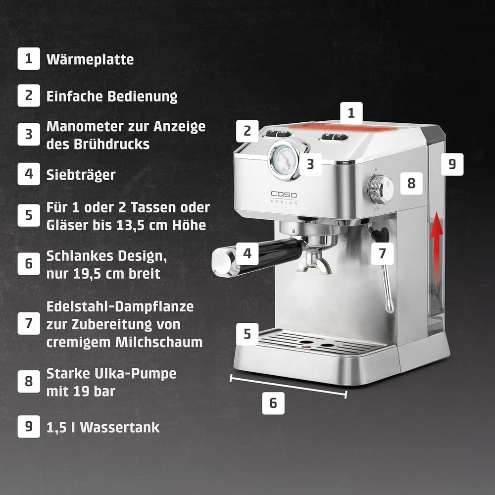 Caso Espresso Gourmet - Espressor portafiltru din oțel inoxidabil, pompă Ulka puternică de 19 bari, cu spumator de lapte, pentru cafea măcinată sau capsule de cafea ESE, pentru 2 cești, cu încălzitor de cești