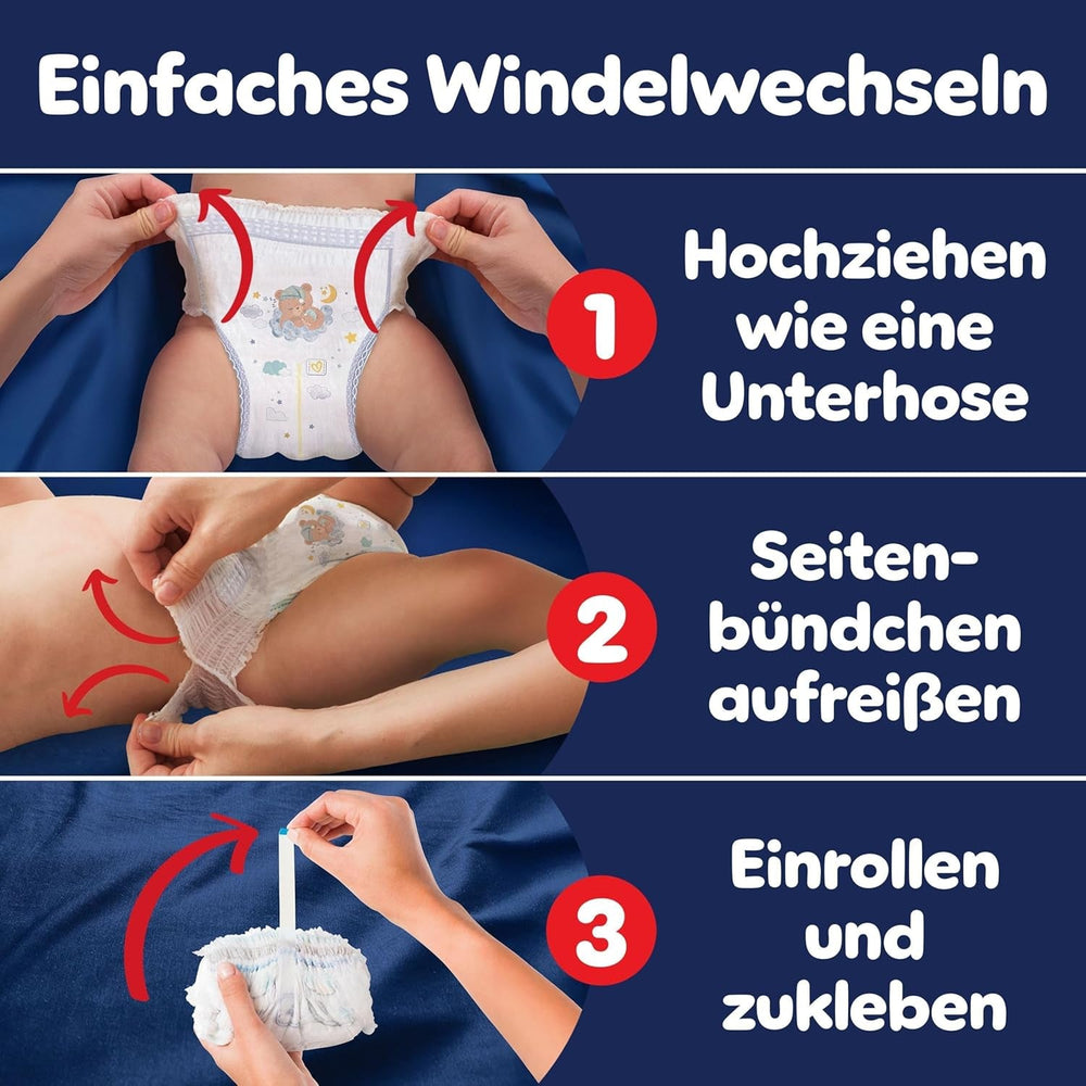 Scutecele Pampers Night Pants mărimea 6, 138 de bucăți, 13kg-19kg, oferă protecție suplimentară pentru întreaga noapte.