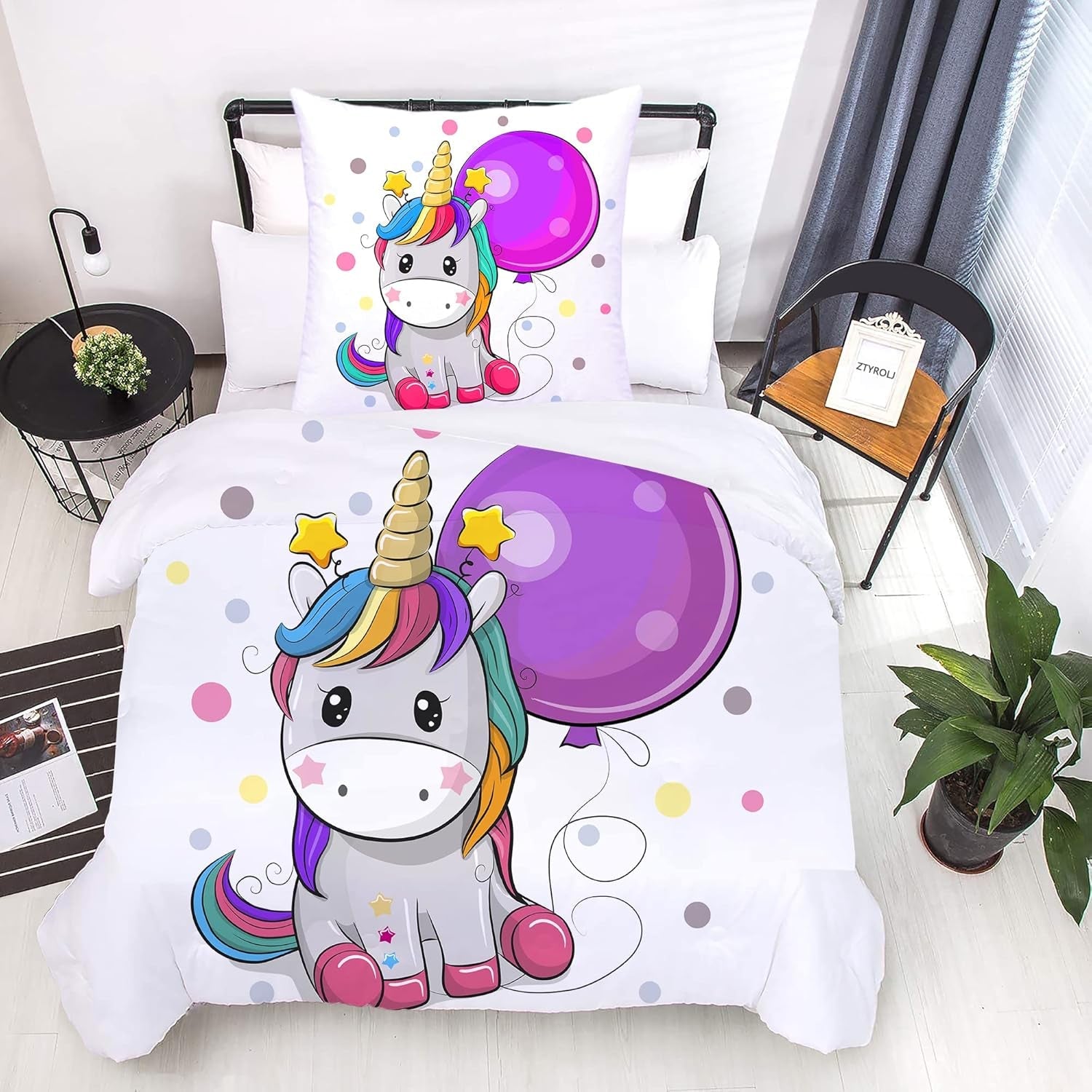 Lenjerie de pat pentru copii, diverse marimi si diverse personaje animate Lenjerie de pat - copii Naty Shop Unicorn (model 2) 135X200Cm+80X80Cm