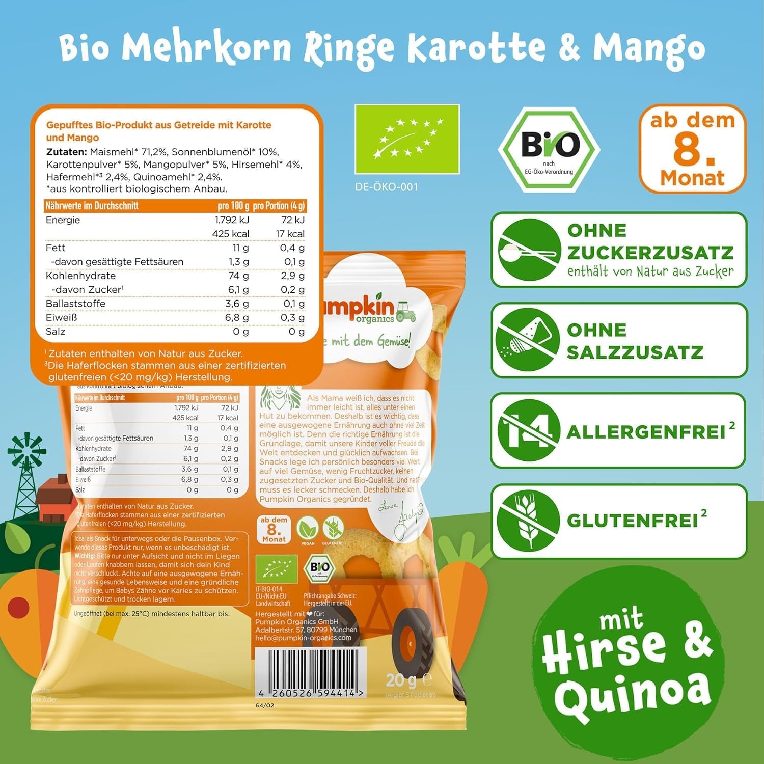Inele multicereale organice Pumpkin Organics pentru copii, morcov și mango (pachet de 8) Gustări pentru bebeluși fără aditivi de la 12 luni - fără alergeni² și fără gluten³ Gustări crocante pentru copii (8 x 20g)