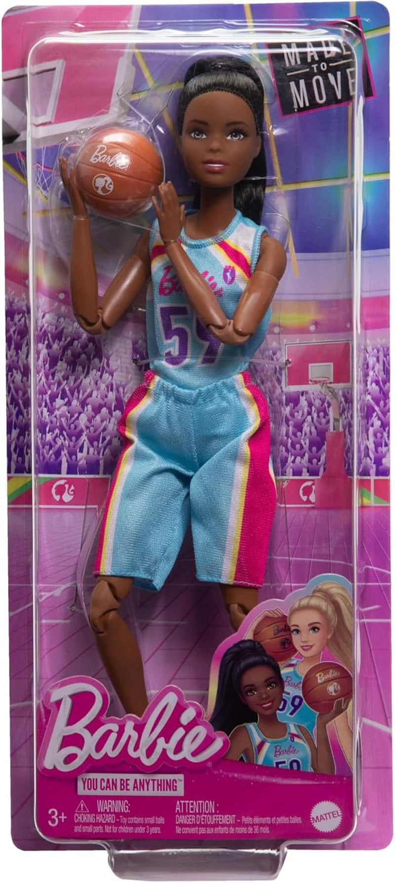 Barbie Made to Move Puppe und Accessoires, brünette Basketballspielerin mit abnehmbarem Sportdress mit Ball, 22 bewegliche Gelenke, HKT74