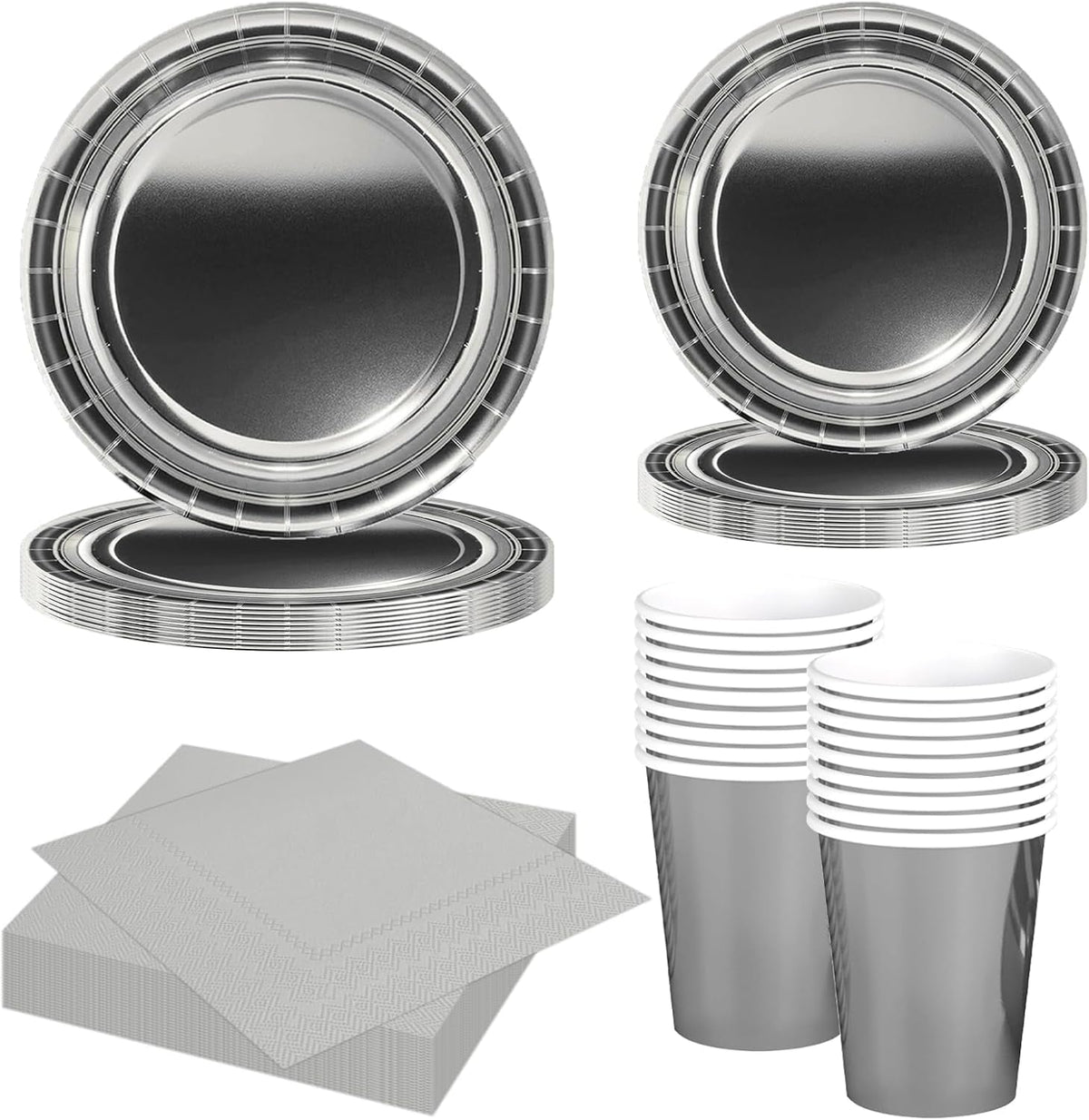 Set de tacâmuri din hârtie argintie, format din 68 de piese, farfurii de hârtie argintii, pahare de hârtie, șervețele, tacâmuri decorative pentru petreceri, zile de naștere, nunți, Revelion, absolviri, articole pentru petreceri