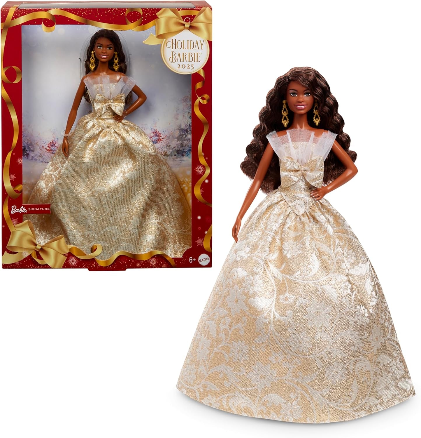 Barbie Signature Puppe, 2025 Holiday, schwarzhaarige Modepuppe mit Kleid in Silber und Gold, saisonale Sammlerpuppe in Einer Verpackung zum Ausstellen und mit Puppenständer, JBJ01