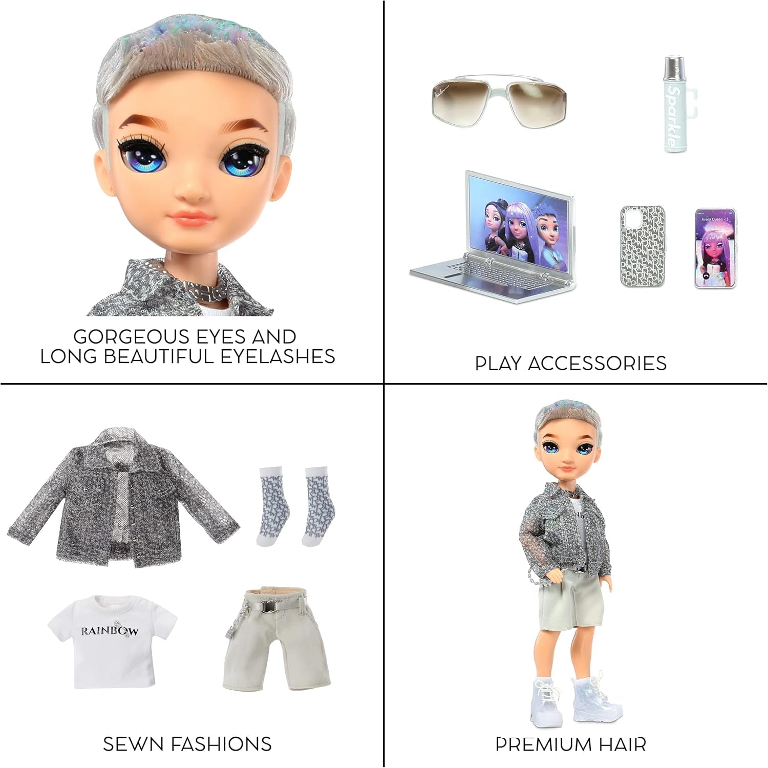 Păpușa Rainbow High Fashion – Aidan Russell – Păpușa Purple Boy – Ținută la modă și peste 10 accesorii de joacă colorate – Pentru colecționari și copii cu vârste cuprinse între 4 și 12 ani