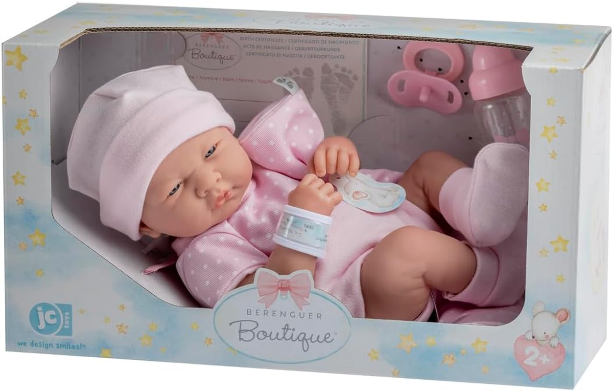 JC Toys- La Newborn Newborn Doll 38 cm is Made of Soft Vinyl, with Knitted Clothes and Accessories, Girl, pink, Designed in Spain by Berenguer, +2 Years Old