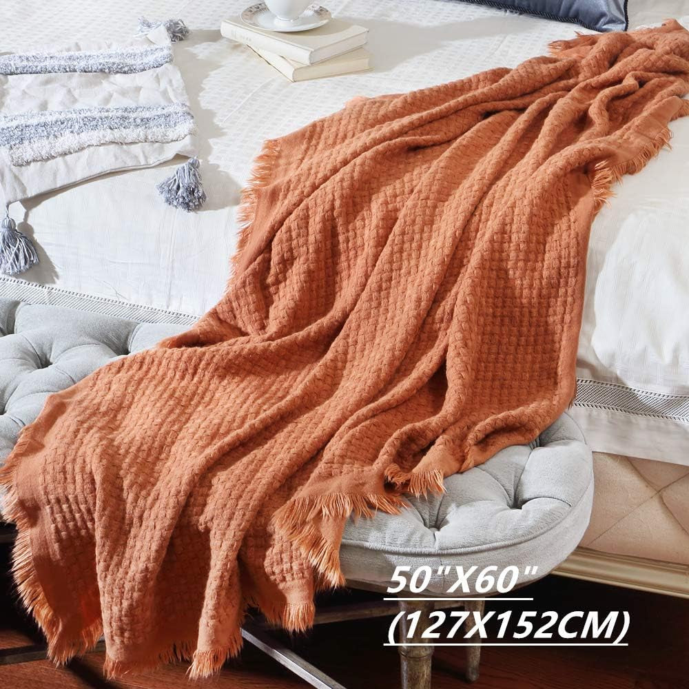 CREVENT Pătură tricotată din rugină pentru canapea, canapea, scaun, pat, decorațiuni interioare, moale, caldă, confortabilă, ușoară, pentru primăvară, vară, toamnă (127,8 X 152,4 cm Caramel / maro / portocaliu ars) Paturi si Cuverturi CREVENT