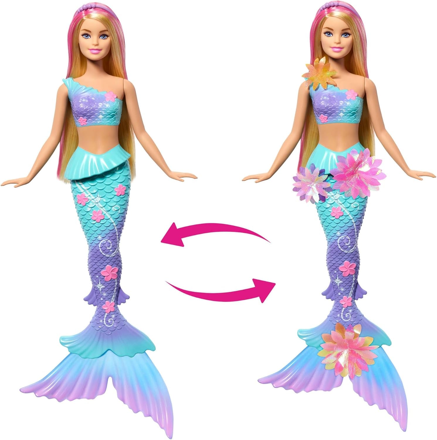 Barbie Meerjungfrauen-Spielzeugpuppe mit magischer Überraschungsblüte, Schwanzflosse mit Farbverlauf, perlenbesetztem Haarreif und langem blonden Haar mit rosa Strähchen, JDM72