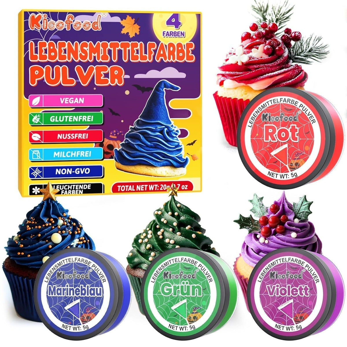 Colorant alimentar pudră - 4 culori colorant alimentar, colorant alimentar concentrat, colorant alimentar roșu verde albastru violet pentru decorarea torturilor, copt, glazură, desert, gătit - 5G