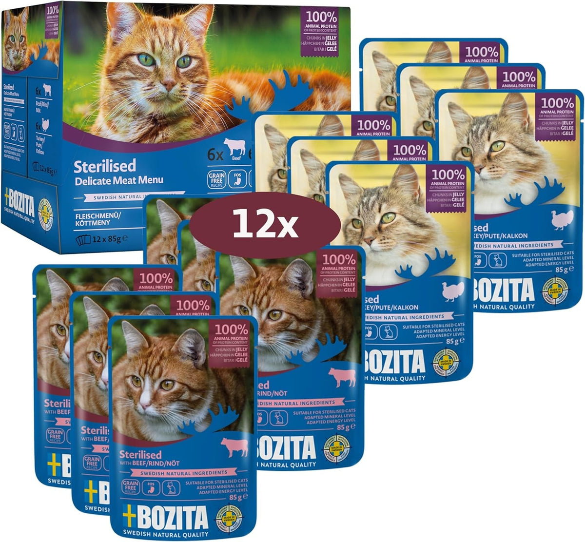 Bozita Sterilised Nassfutter Häppchen in Gelee mit Fleisch - 12x85g Portionsbeutel getreidefreies & weizenfreies Futter für Katzen - Katzen Nassfutter mit 8,5% Protein & 3,5% Fettgehalt