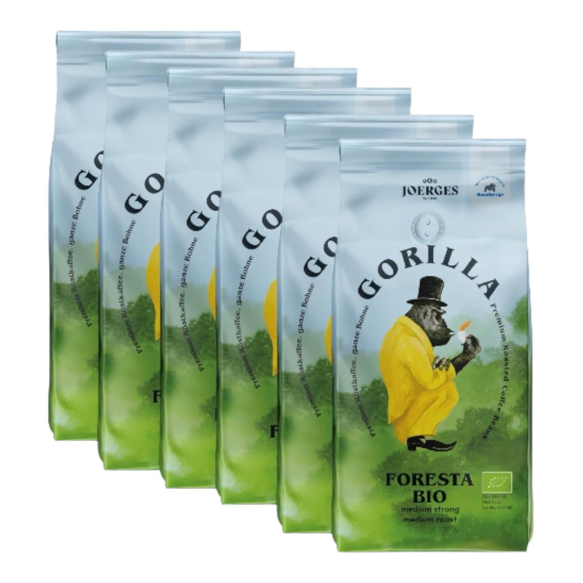 Cafea Gorilla Foresta 6 x 1000g boabe prăjite întregi | Amestec Arabica | Espressoare portafilter și complet automate | Cafea espresso