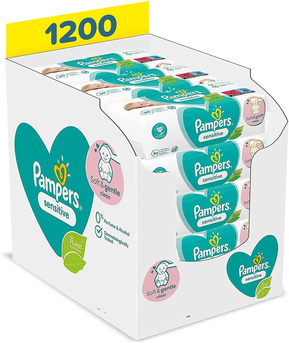 Marsupiu bebeluși Flip Advanced 4 în 1 cu bavetă și șervețele umede Pampers Sensitive, 1200 de șervețele (15 x 80) pentru pielea sensibilă a bebelușilor, testat dermatologic, articole esențiale pentru nou-născuți
