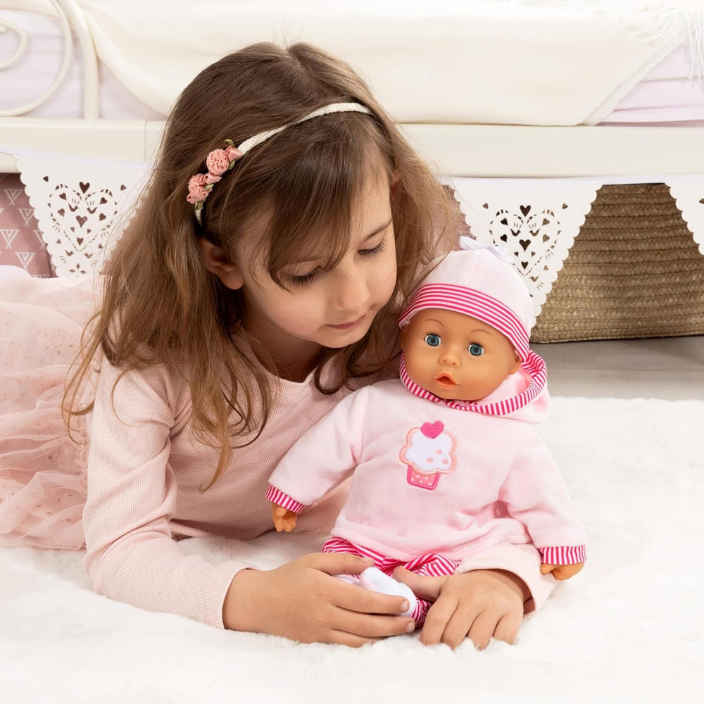 Babypuppe First Words mit Schlafaugen, spricht 24 Babylaute, mit Schnuller und Flasche, 38 cm, Rosa/Streifen